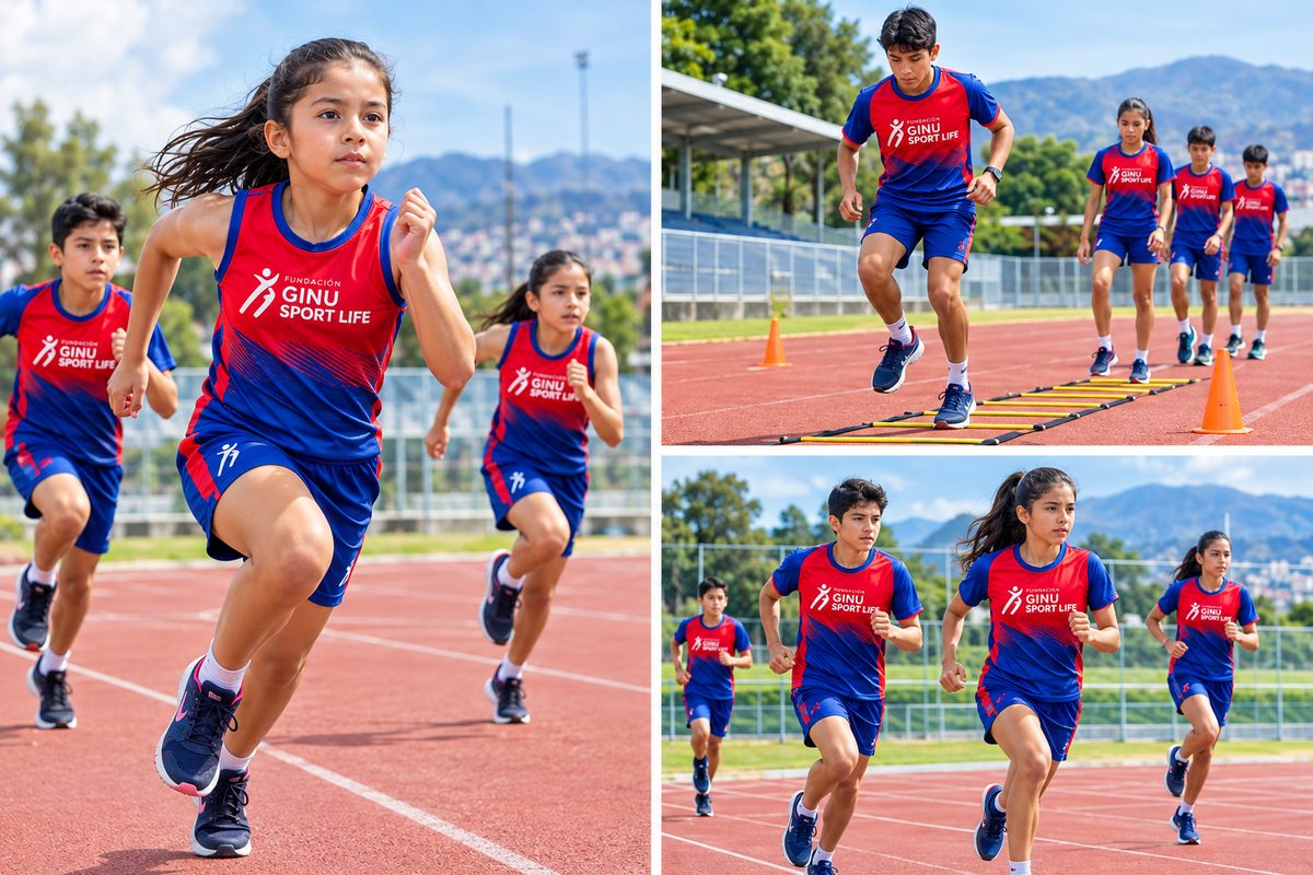 Niñas y niños del Club de Atletismo entrenando en la pista